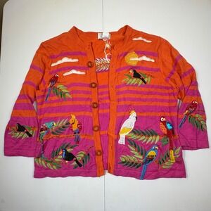 Just B Parrot Bird Tropical Embroidered Striped Cardigan Sweater Orange Pink M